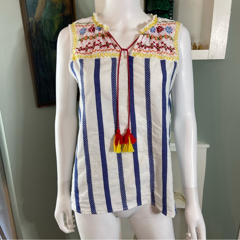 Rocks & Indigo Boho Tassels Embroidered Sleeveless Blouse Tank Top Shirt Striped